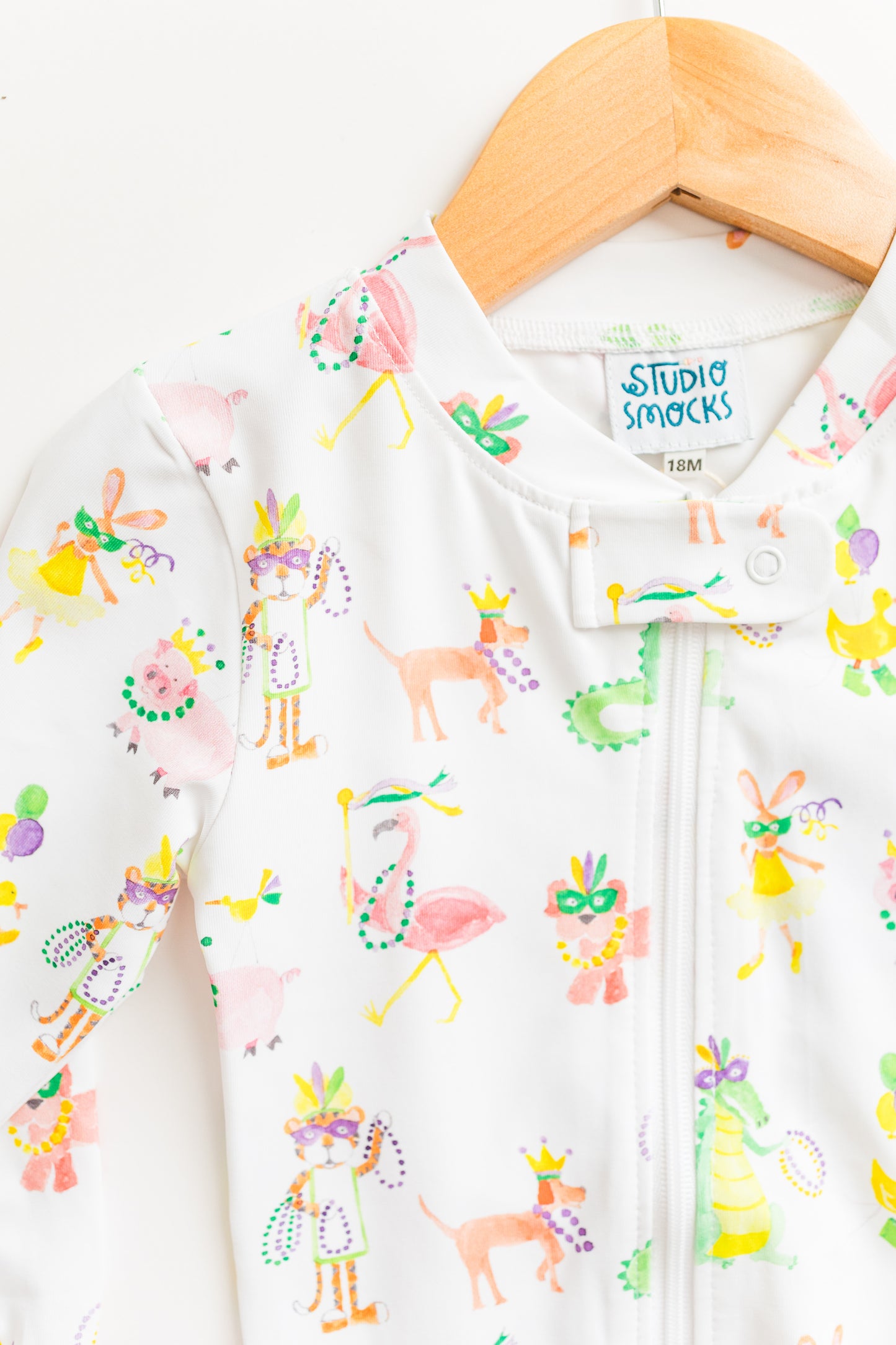 Mardi Gras Animal Parade Zip Pajama, gender neutral