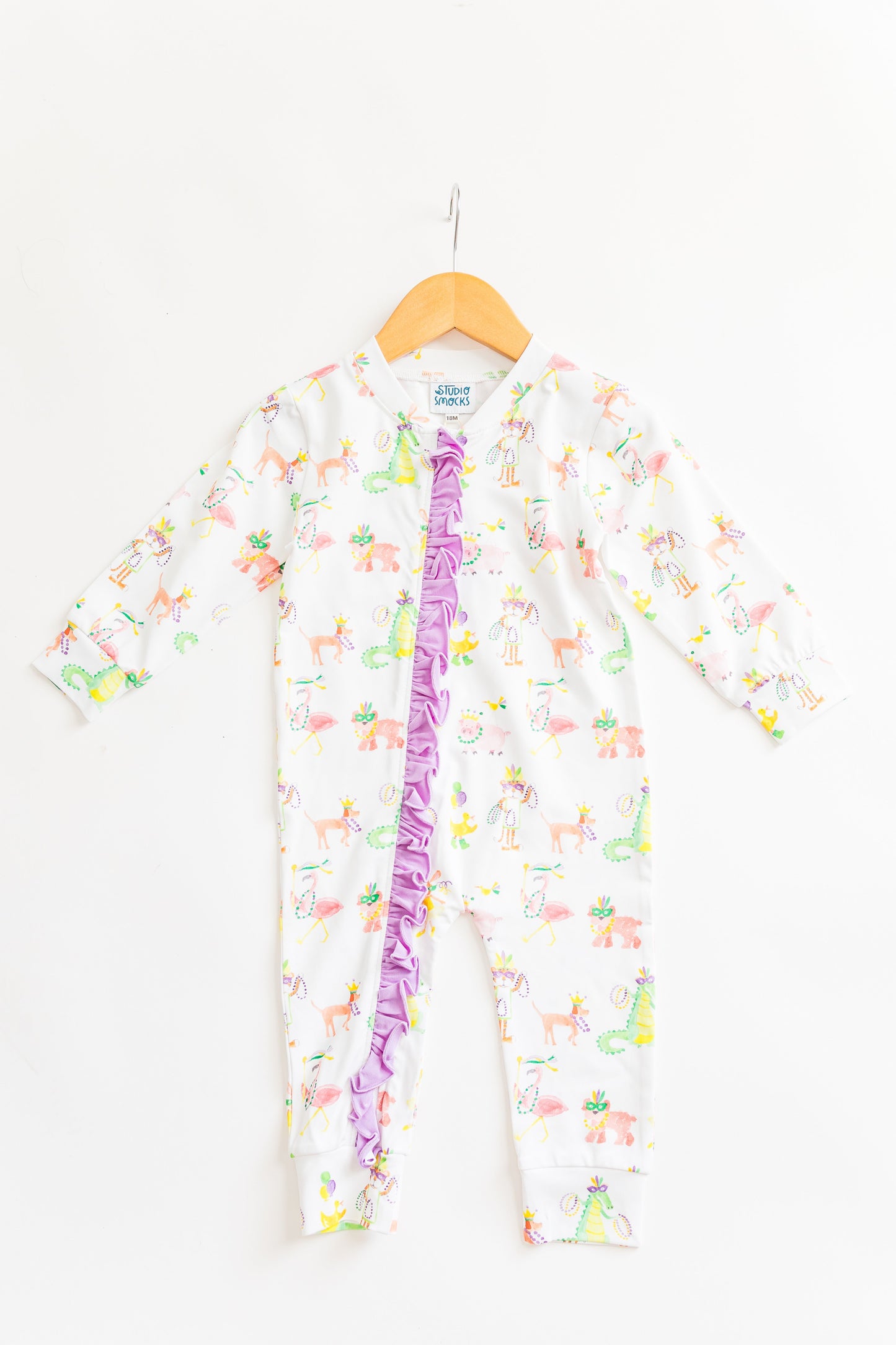 Mardi Gras Animal Parade Zip Pajama, with ruffle