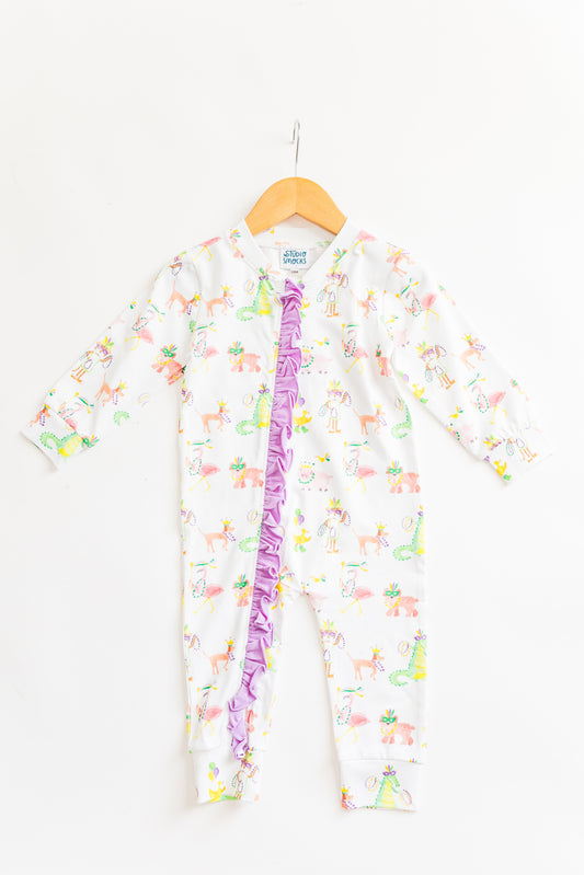 Mardi Gras Animal Parade Zip Pajama, with ruffle