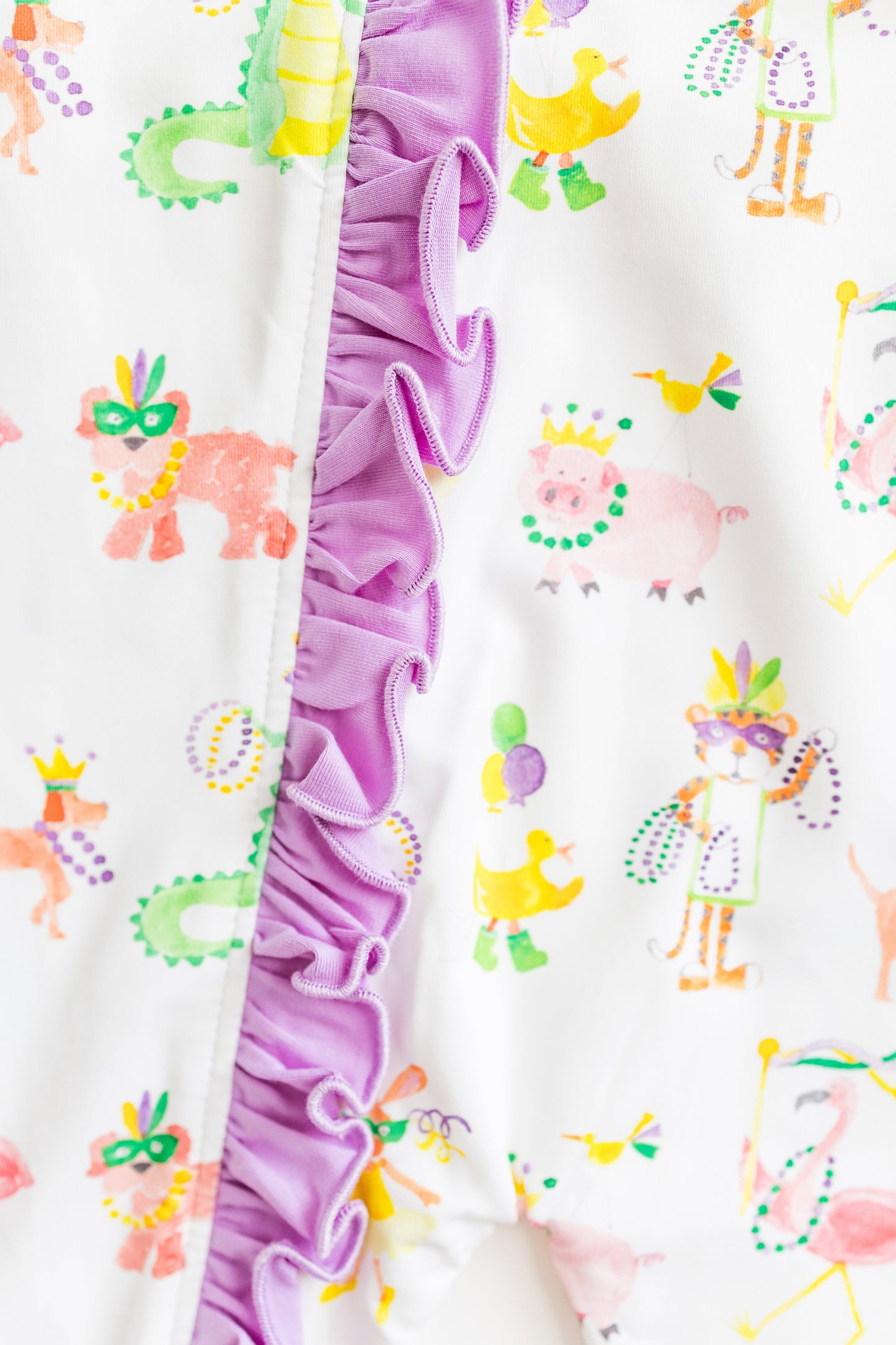 Mardi Gras Animal Parade Zip Pajama, with ruffle