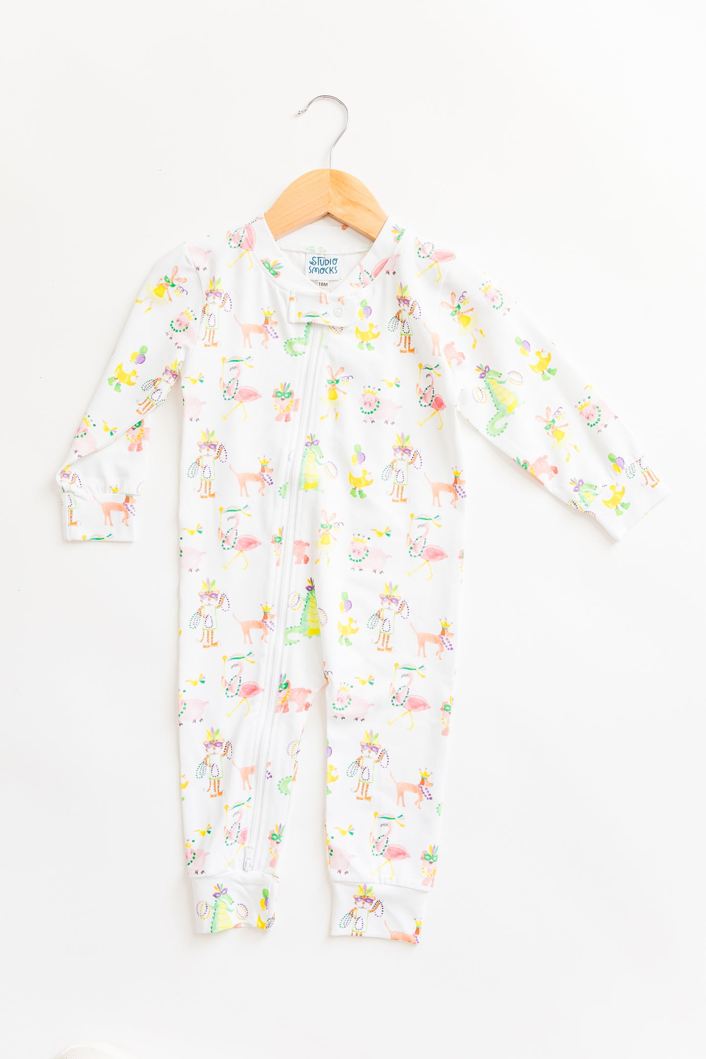 Mardi Gras Animal Parade Zip Pajama, gender neutral