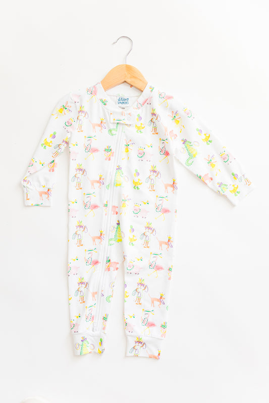 Mardi Gras Animal Parade Zip Pajama, gender neutral
